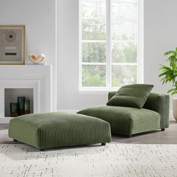 Solace Modular Corduroy Upholstered Armless Chair and Ottoman Set in Fern