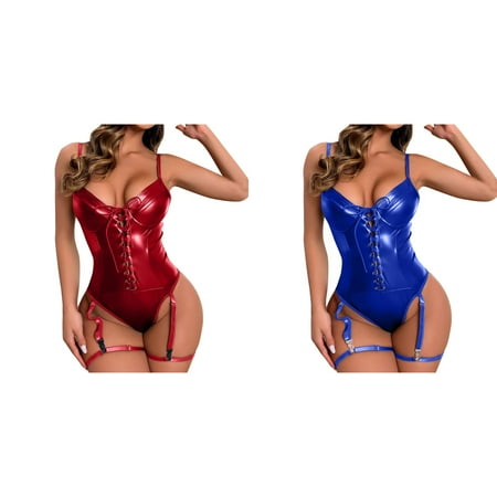 (2-Pack) Kcodviy for Women 1 Panties Pc Leather Teddy Bodysuit Cutout off Lace Maternity Shoulder Conjoined Pu Lace Up Garter Teddy Bodysuit with 1Pair