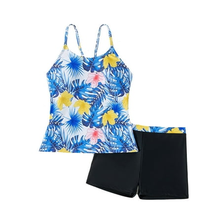 Toimothcn Girls Swimsuits Sleeveless Casual Hawaiian Floral Printed 2 Piece Bikini Set Quickly Dry Cover Up Swimwear 12-13 Years
