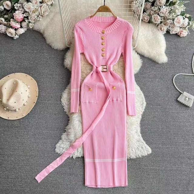 Vestido de punto con botones y cuello redondo para mujer, suéter ajustado con cinturón, vestido de oficina, moda de marca, Otoño e Invierno