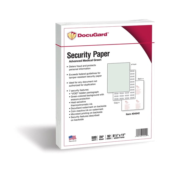 Papel de seguridad DocuGard Medical, 24 libras, 8,5 x 11 cm, 500 hojas, color verde