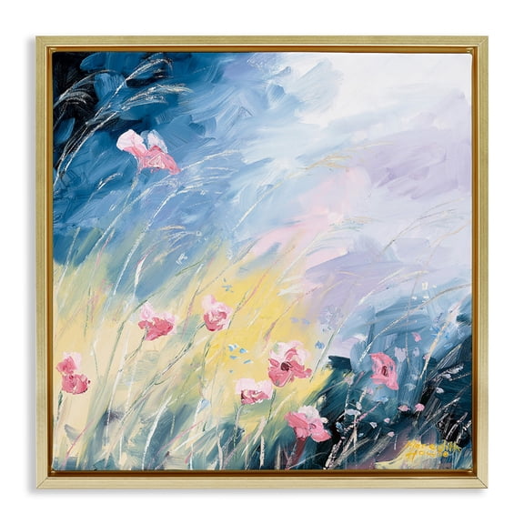 Stupell Industries Modern Flowers with Abstract Ombre Gold Floating Frame Canvas Art, 25 x 25, by Meredith Howse