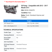 Oil Pump - Compatible with 2013 - 2017 Mazda CX-5 2014 2015 2016