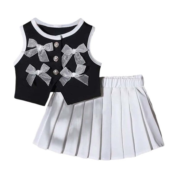 Odeerbi Toddler Girls 2 Piece Preppy Outfit Bow Sleeveless Shirt and Pleated Skirt Set School Uniform