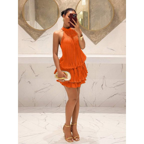 Orange Halter Neck Pleated Tiered Ruffle Mini Dress For Women, Spring Summer Boho Resort Style