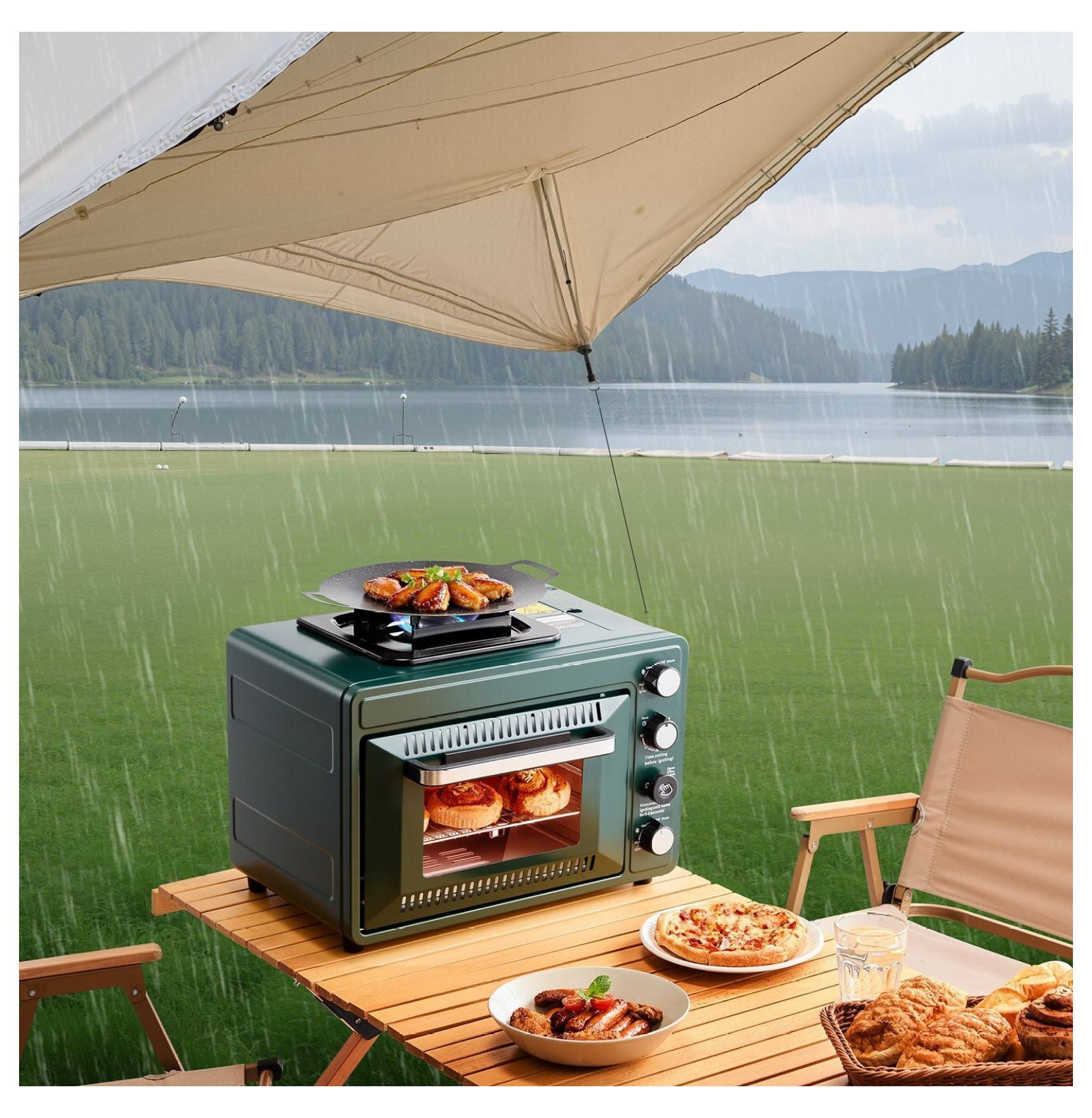 2-in-1 Portable Gas Camping Stove with Oven, Windproof, 0-60 Min Timer, Outdoor Cooking