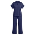 thumbnail image 5 of VBVC Women's Collared V-Neck 2 Piece Lounge Set, Casual Summer Tracksuit Outfit with Drawstring Wide Leg Pants and Pockets,Navy,S-2XL, 5 of 8