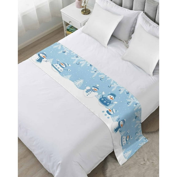 Xipuska Light Blue Snowman Christmas Bed Runners for King Size Bed, Decorative Bed Throws for Foot of Bed, Winter Snowflake Pine Xmas Tree Bed Runner Sofa Throw Bedding Scarf Slipcover for Bedroom