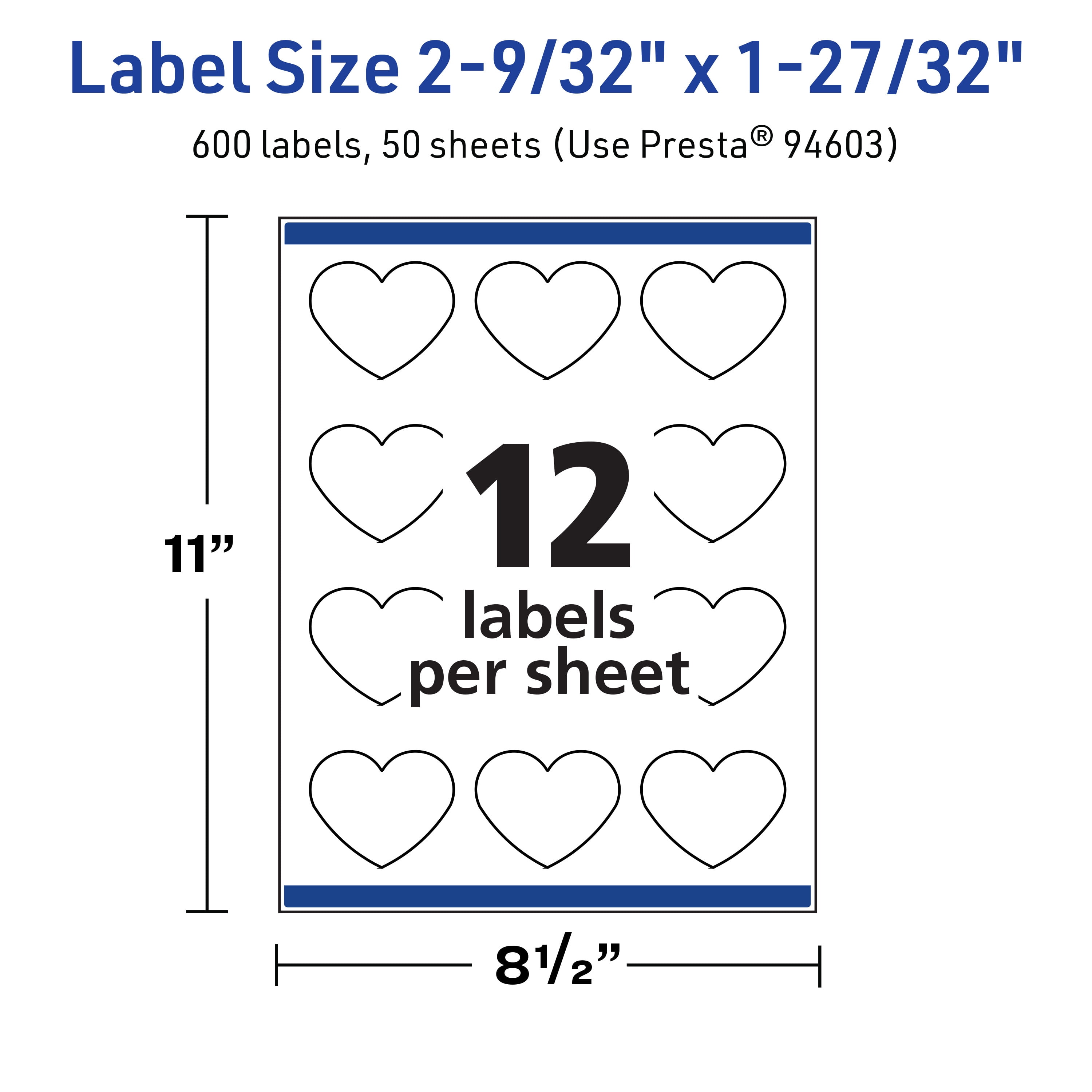Avery TrueBlock Heart Labels, 2-9/32" x 1-27/32", 600ct