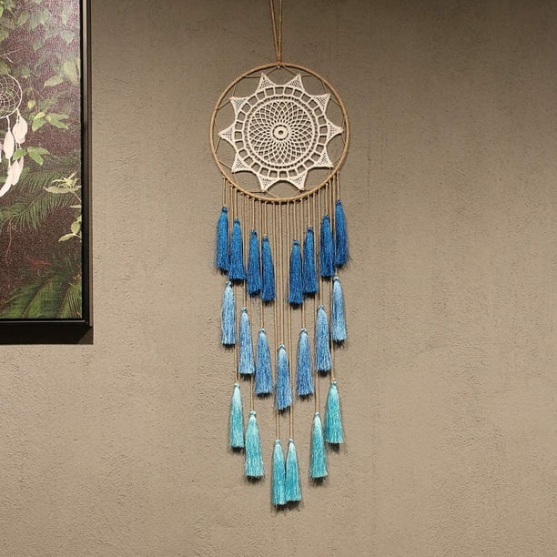 Atrapasueños de macramé para dormitorio: atrapasueños de pared hechos a mano con borlas, decoración del hogar con adorno de plumas y borlas, regalo de bendición artesanal (azul)