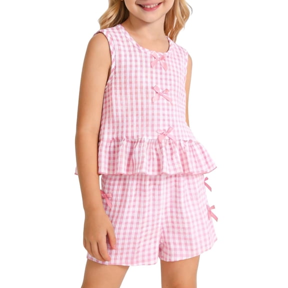 ITSAME Toddler Girls Summer Outfits 2-Piece Plaid Print Ruffle Top and Shorts Casual Clothes Set Pink Size 5-6