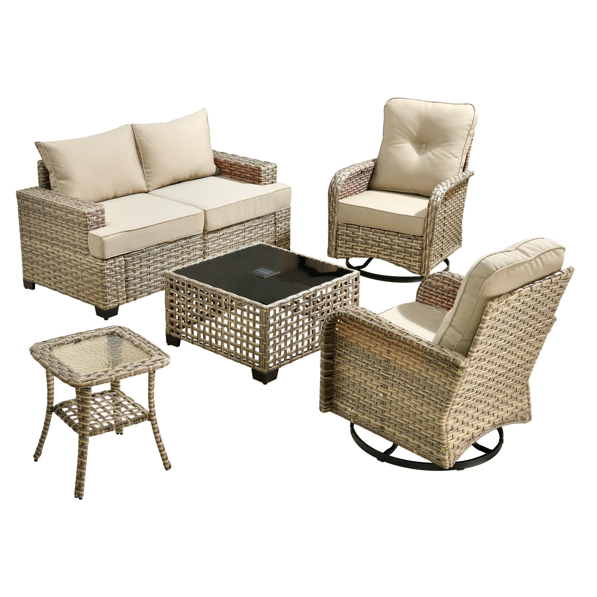 XIZZI Outdoor Patio Furniture Sets, 6 Pieces Outdoor Sectional wicker patio furniture with Coffee Table and Swivel Chairs, All-Weather Conversation set for Porch, Beige