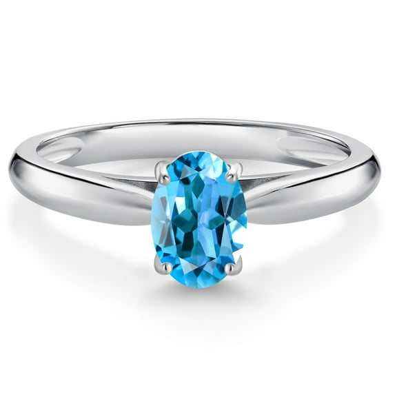 Gem Stone King 10K White Gold Swiss Blue Topaz Solitaire Engagement Ring for Women (1.00 Cttw, Oval 7X5MM, Gemstone November Birthstone, Size 8)