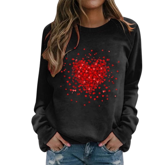 FASHOFT Valentine's Day Sweatshirt For Women Love Heart Print Crew Neck Red Heart Print Casual Holiday Long Sleeve Pullover Tops Black L