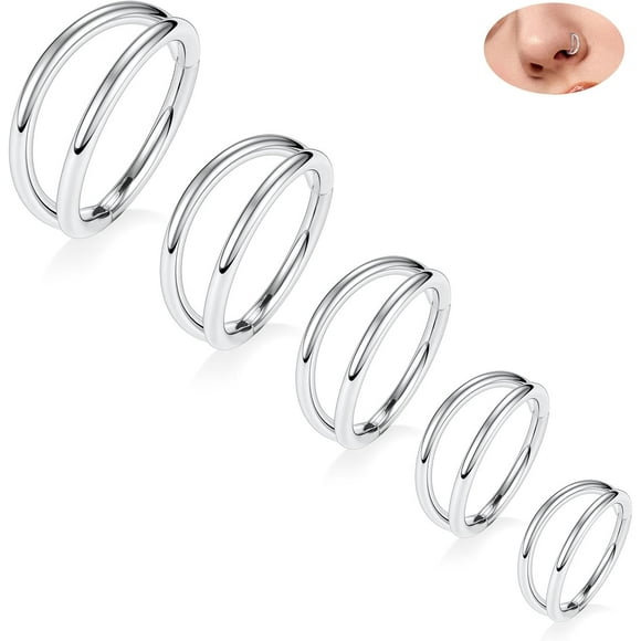 5 PCS Double Nose Hoop Rings Sets Conch Hoop Earring Surgical Steel Cartilage Helix Piercing 20G 18G 16G Septum Ring Earlobe Daith Jewelry Rook Tragus Hoop Earrings 6mm to 10mm Silver:5 pcs