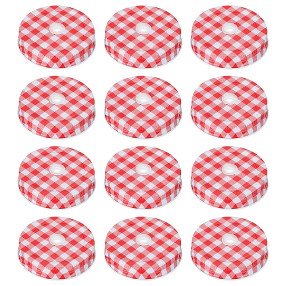 12pcs Mason Jar Lids 2.76" Tinplate Canning Covers with Straw Hole, Red Gingham