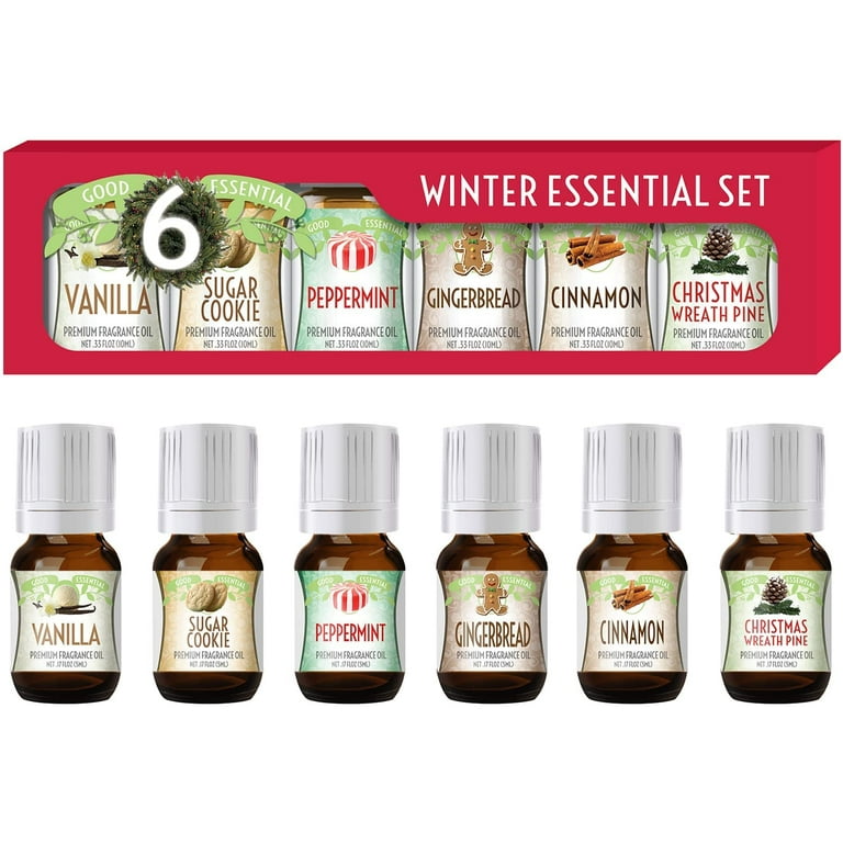 Winter Essential Oil Set of 6 Fragrance Oils - Christmas Wreath Pine,  Vanilla, Peppermint, Cinnamon, Sugar Cookie, and Gingerbread by Good Essential  Oils - 5ml Bottles 