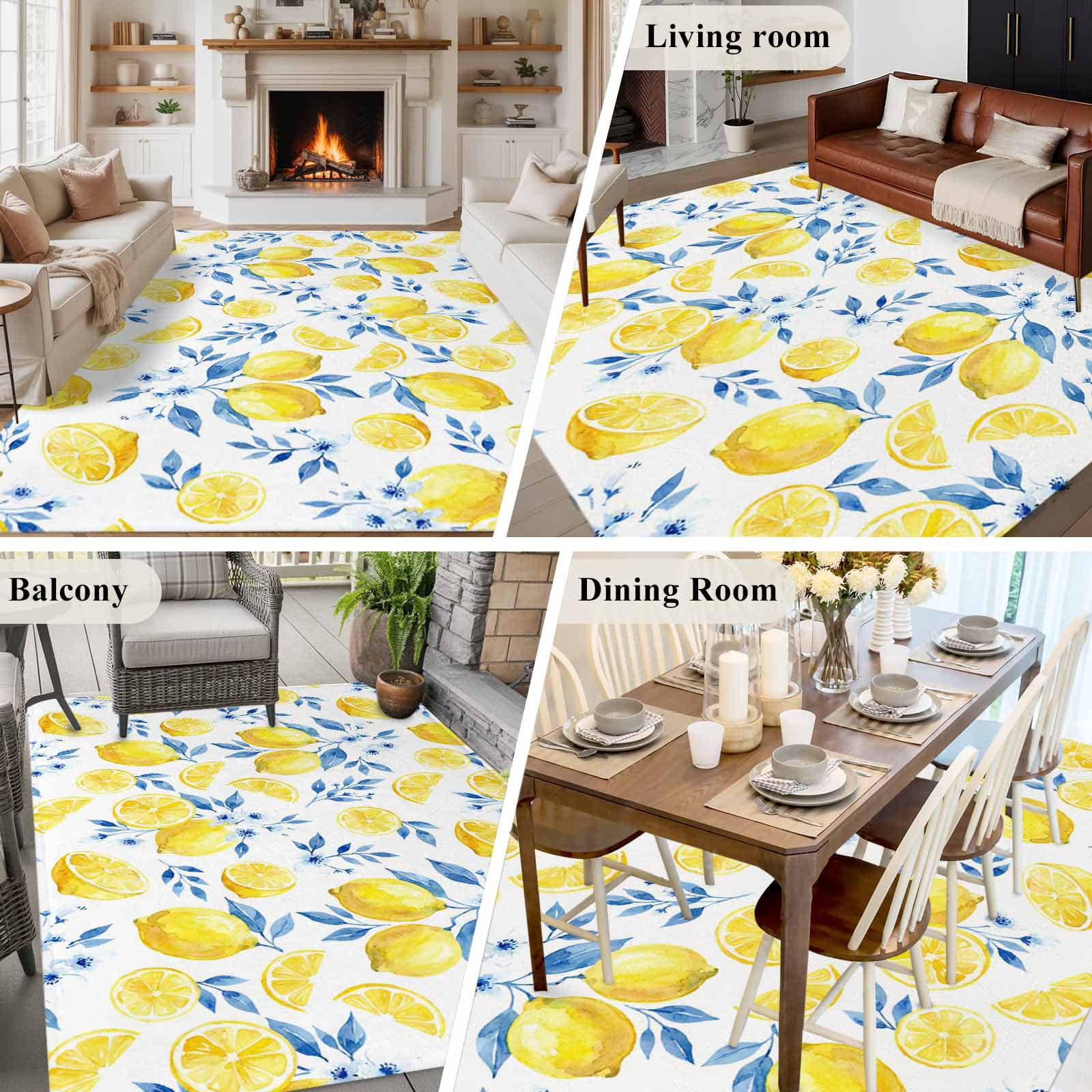 Rectangle Area Rugs 5 x 8 Ft, Watercolor Lemons Non-Slip Residential Carpet, Summer Farmhouse Blue Floral Indoor Crawling Mats Runner Rugs for Living Room/Dining Room/Bedroom