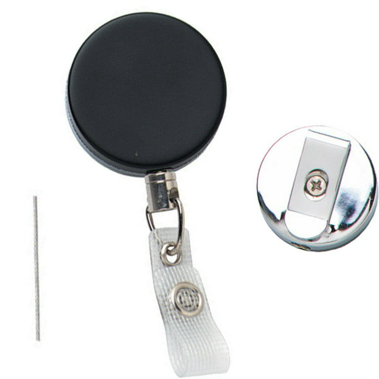 Heavy Duty Badge Reel with Metal Cord and Belt Clip - All Metal Retractable  ID Holder with Steel Wire Cable - Industrial Black & Chrome Finish - Key