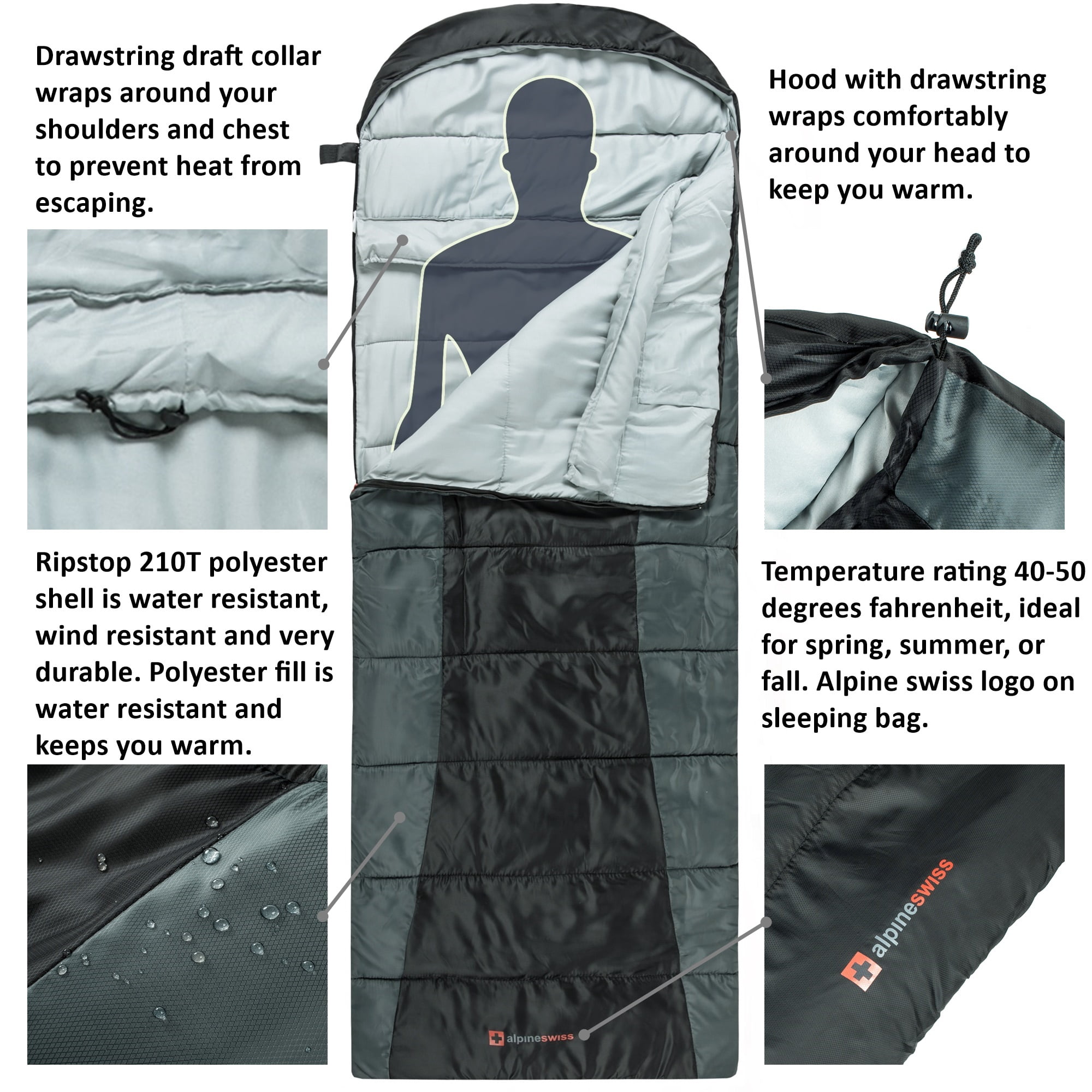 Alpine Swiss 0°C (32°F) Sleeping Bag Lightweight Waterproof with Compression Sack Adults All Seasons Camping Hiking Backpacking Travel Outdoor Indoor