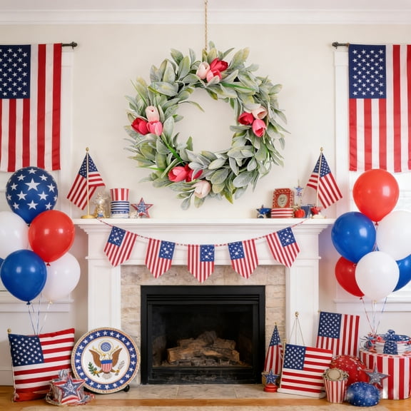 Independence Day Pink & White Tulip Wreath for Front Door, Patriotic Spring Wreath with Greenery & Bow, 4th of July Indoor Outdoor Decor for Home Wall Porch Farmhouse Holiday Decoration, 16*16in, D