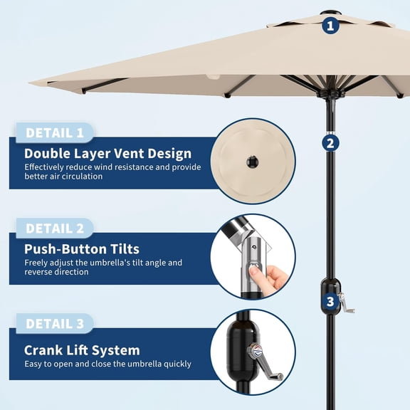 Historyli 10FT Outdoor Patio Umbrella, Market Table Umbrella with Push Button Tilt & Crank Lift, 8 Ribs, UV Protected, Beige