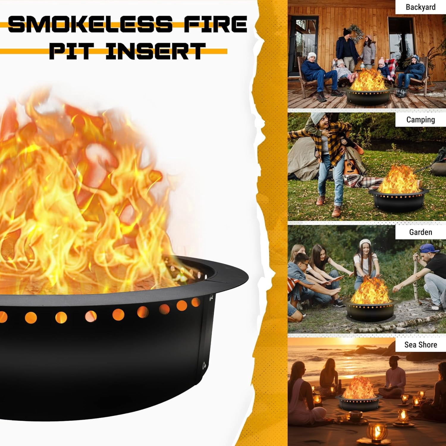 FEBTECH Fire Pit Ring Smokeless - 45" OD x 39" ID - Portable Steel Fire Ring Liner with Air Vents - Perfect for DIY in or Above-Ground Setups, Patio, Garden, Bonfires and Camping