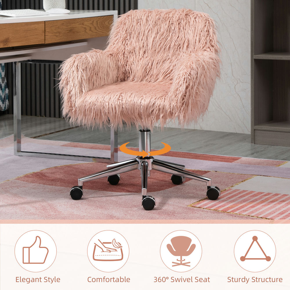 Demi Bonn Faux Fur Home Office Chair, Height Adjustable 360 Degree Swivel Rolling Desk Chair with Arms and Wheels, Pink