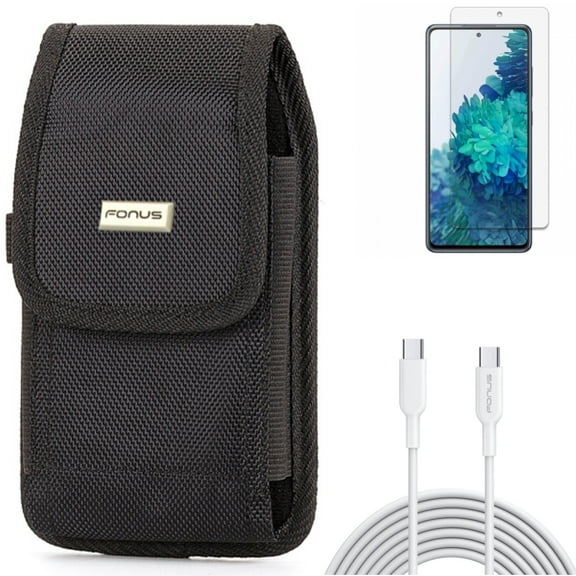 Screen Protector & 10ft Long Type-C Cable & Case Belt Clip for Samsung Galaxy S20 Fan Edition - Anti-Glare Tempered Glass   Fast Charger Cord PD   Rugged Holster Combo