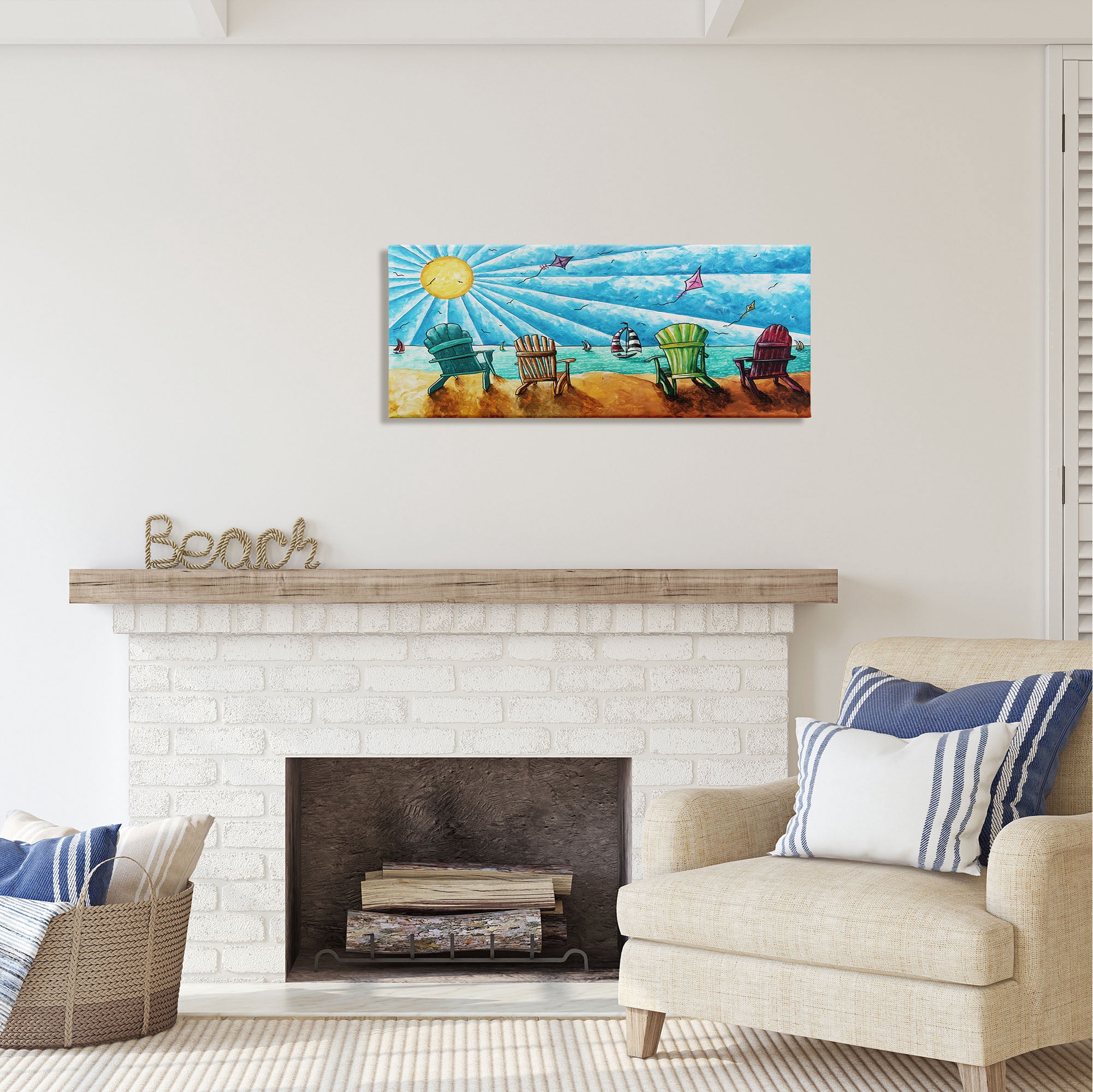 Stupell Industries Kites Flying on Beach Nature Painting Gallery Wrapped Canvas Print Wall Art, 40 x 17