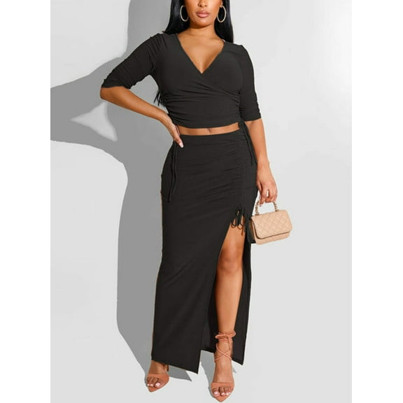 Half Sleeve V Neck Crop Top High Slit Skirt