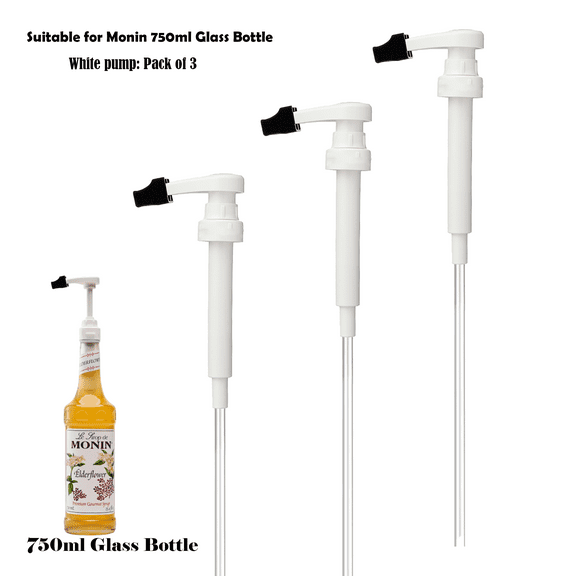 White Syrup Pump, Only Compatible with 750ml Glass Bottles of Monin Syrup, Tip Cover Included, Pack of 3
