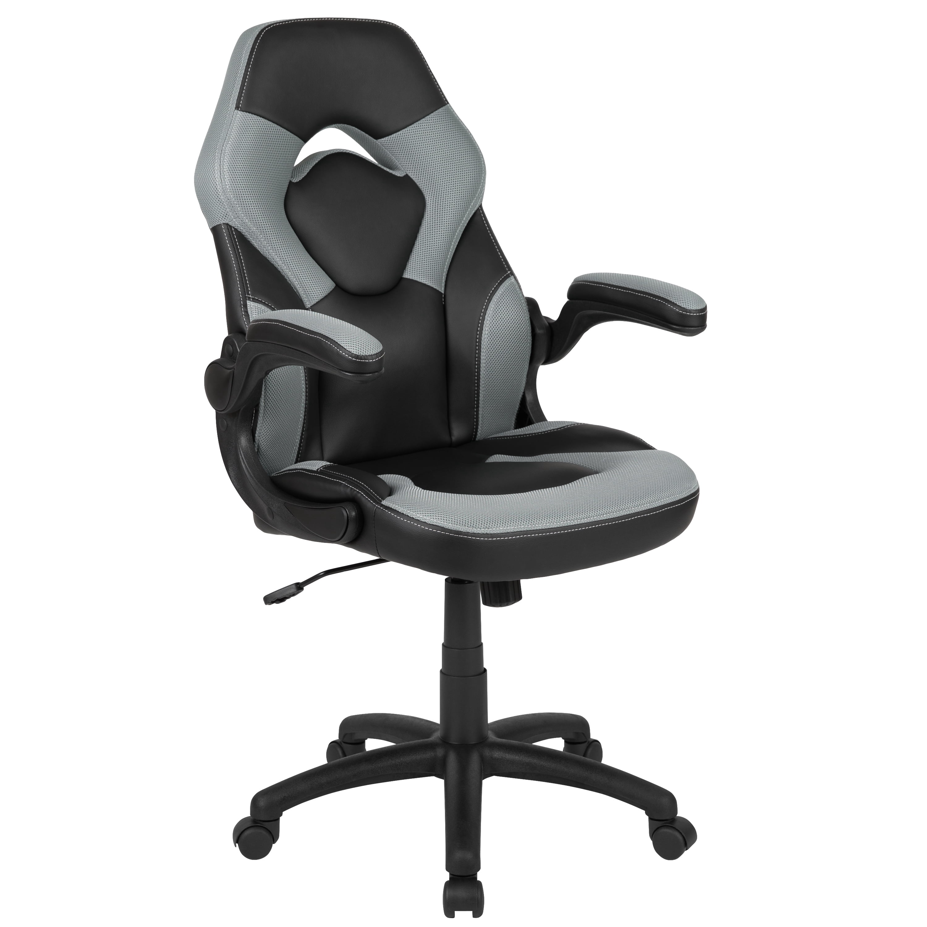 BlackArc High Back Gaming Chair with Gray and Black Faux Leather Upholstery, Height Adjustable Swivel Seat & Padded Flip-Up Arms