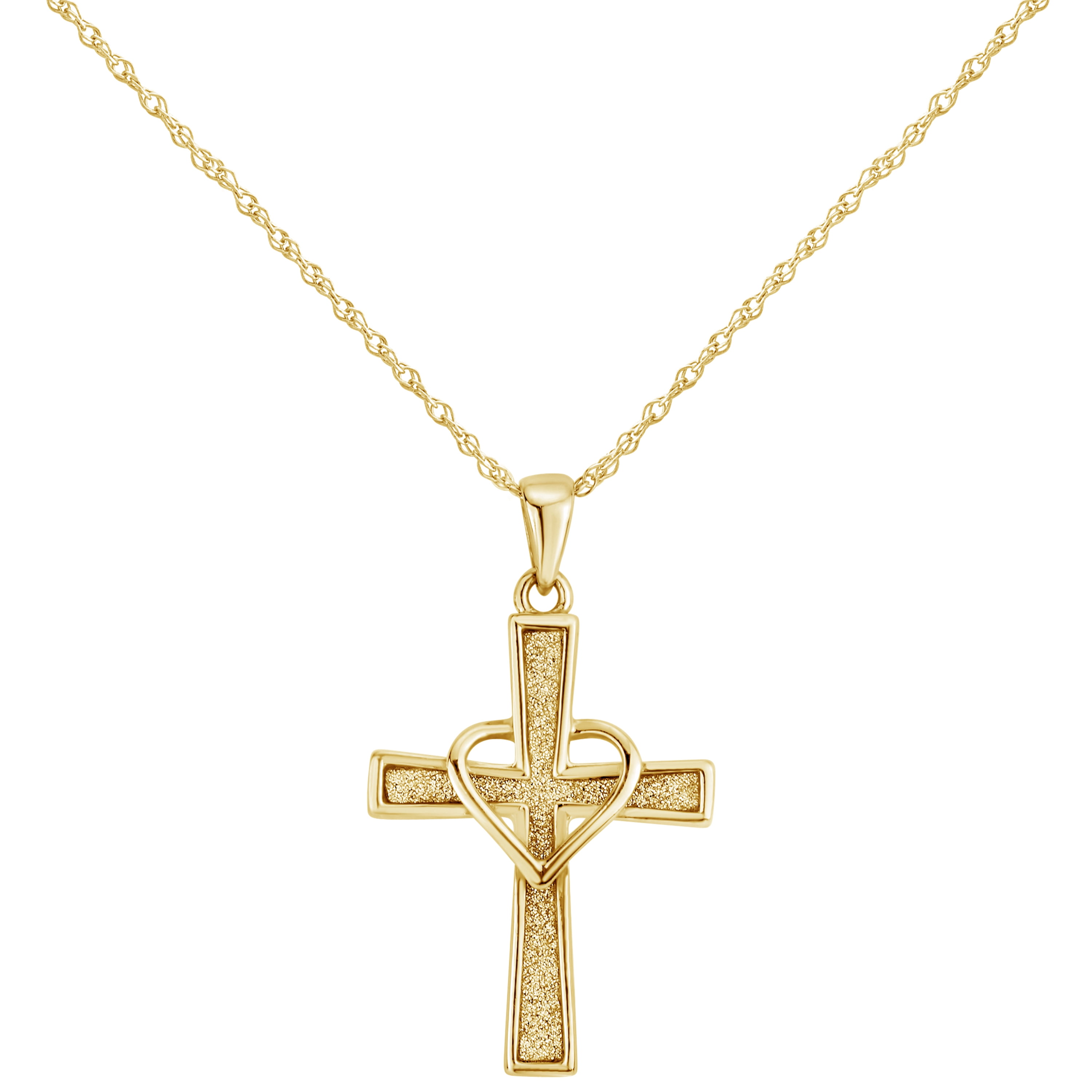 18k Gold Over Sterling Silver Glitter Cross With Heart Pendant Necklace