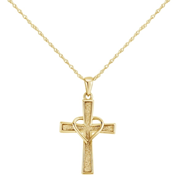 18k Gold Over Sterling Silver Glitter Cross With Heart Pendant Necklace 18 Inches