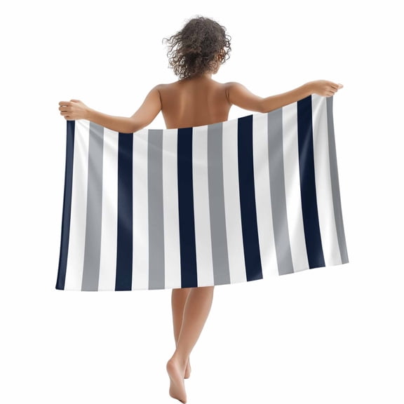 Beach Towel Navy Blue Gray Stripes Bath Pool Towels Contrast Striped Absorbent Beach Towel Soft Large Quick Dry Lightweight Camping Travel Sports Yoga Gym Swim Towels for Adult 35x70 Inch