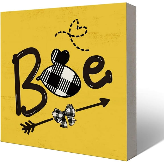 Yellow-Kitchen-Decor,Bee Kitchen Decor Accessories,Spring Summer Wooden Box Sign For Desk Office Church Shelf Table Decor 5x5 Inch