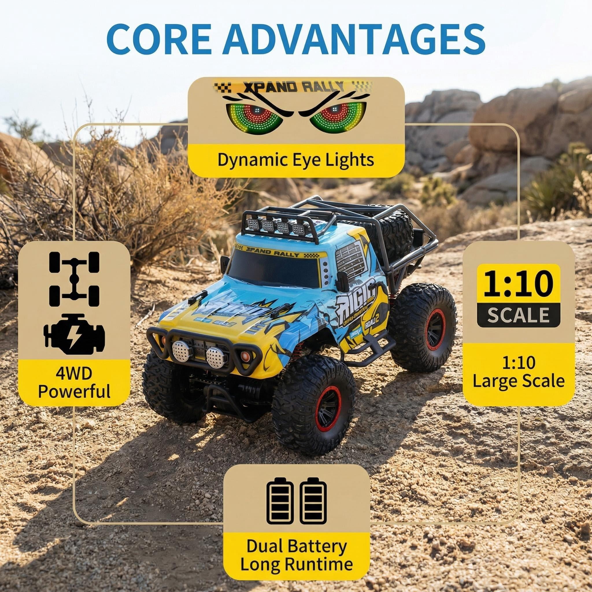 HNH 1:10 Rock Crawler with LED Screen, off-Road Remote Control Car for Kids, 4WD Rc Car Monster Truck with 2 Batteries