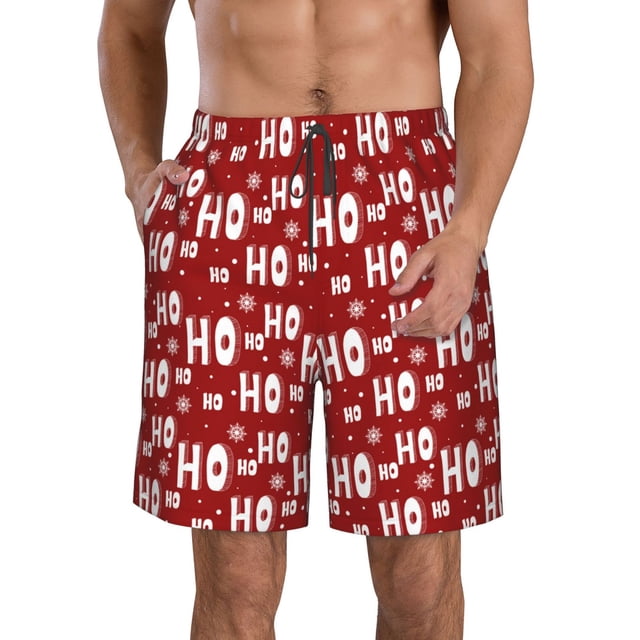 Wukai Ho-Ho-Ho Print Beach Trunks with Compression Liner Swimsuit Quick Dry Beach Sports Shorts with Pocket-3X-Large