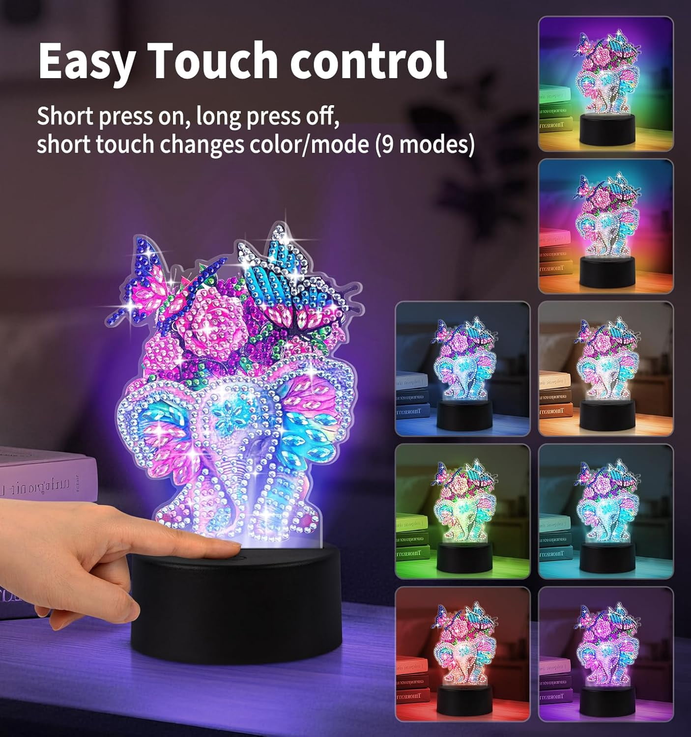 Elephant Diamond Painting Night Light, Touch Lamp Desktop Ornament for Adults Beginners, Home Bedroom Decor