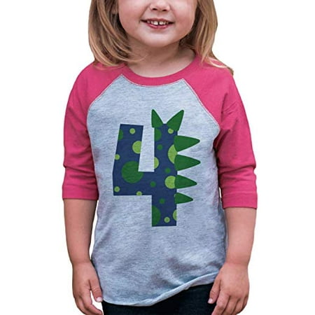 

7 ate 9 Apparel Girls Four 4 Fourthh Dinosaur Birthday Dino Pink Raglan Tee