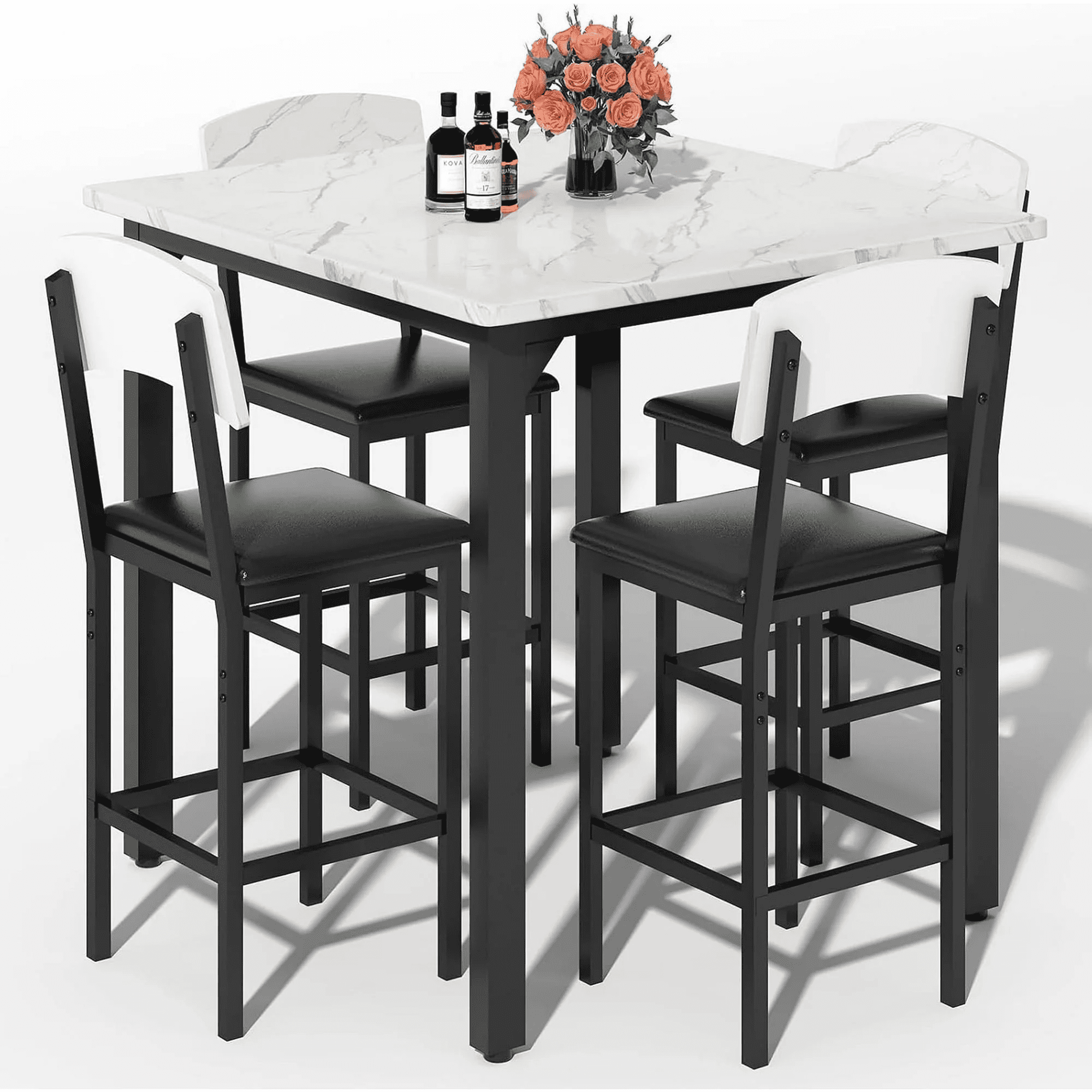 Baxluxe Dining Table Set for 4, Faux Marble Desktop Kitchen Table with 4 Upholstered Dining Chairs, Modern Dining Room Table Sets for Small Space, Apartment, White