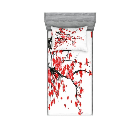 Ambesonne Floral Fitted Sheet & Pillow Sham Set, Japanese Spring Blooms, Twin, Vermilion Brown White