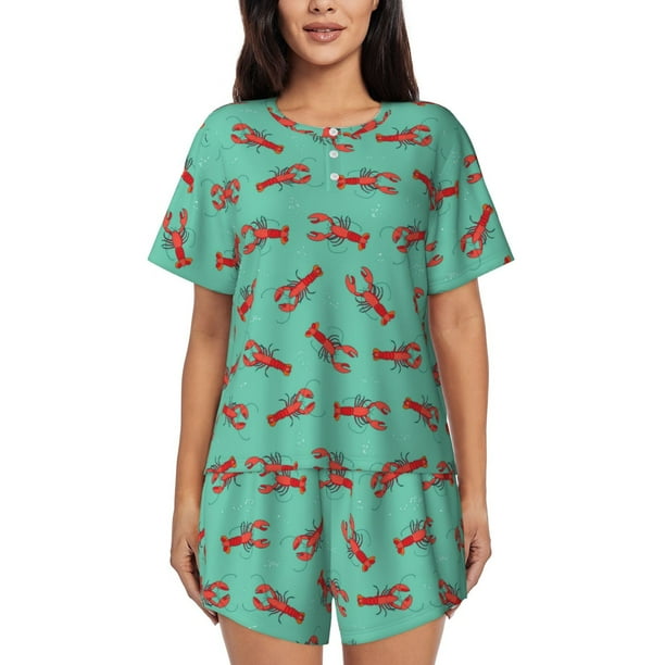 Balery Cartoon Lobsters 4 Conjunto de Pijama para Mujer con Estampado, Dos Piezas de Manga Corta y Shorts, Ropa de Dormir Suave con Cuello Redondo y Bolsillos-X-Large