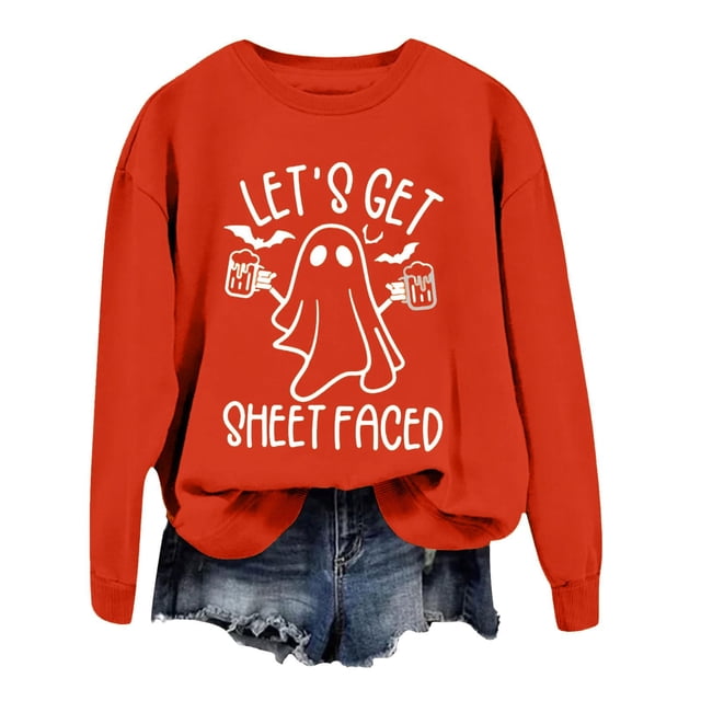 De Sudadera de Halloween para mujer con estampado divertido de fantasmas Let's Get Sheet Faced Casual Jersey de manga larga