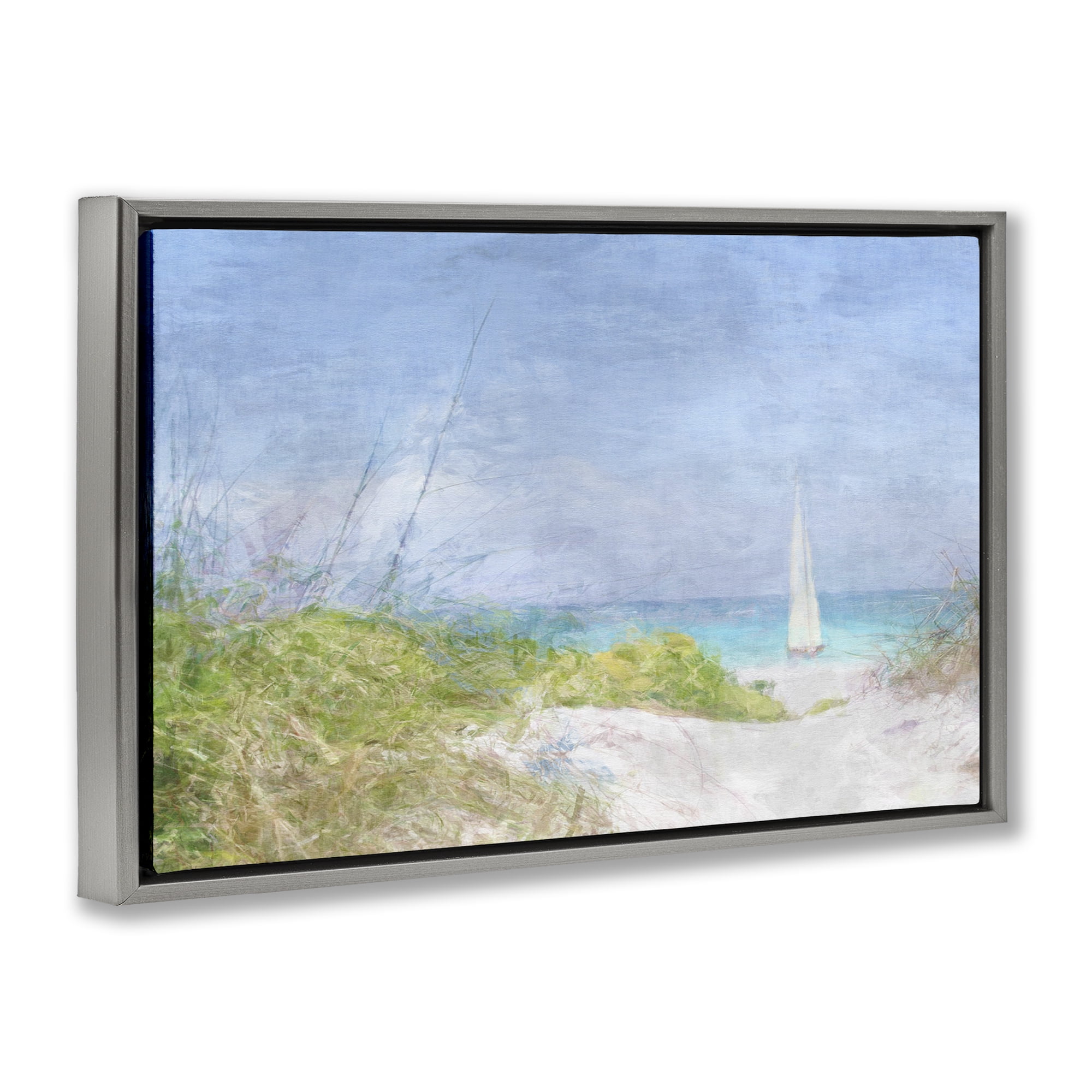 Stupell Industries Solitary Yacht Seascape Coastal Painting Gray Floater Framed Canvas Art Print Wall Art, 31 x 21
