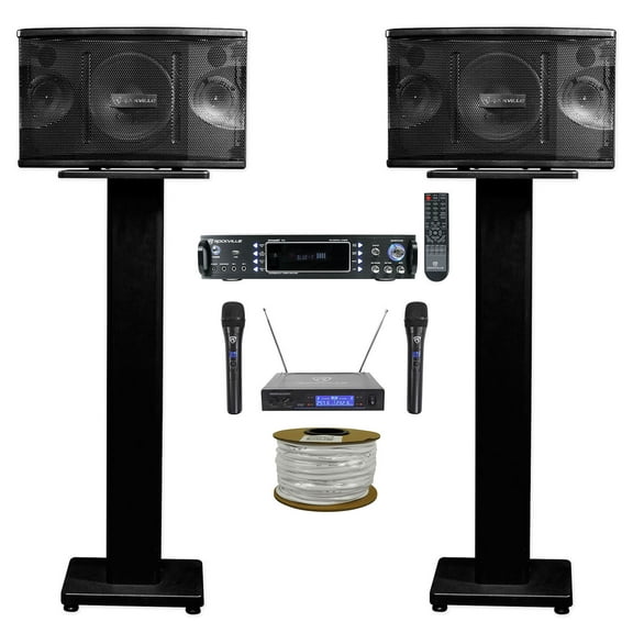 (2) Rockville KPS65 6.5" Karaoke/Pro Speakers Bluetooth Amp Stands Wireless Mics   Rockville R14GSBR100 Red/Blk 14 Gauge 100' Ft. Mini Spool Car Audio Speaker Wire