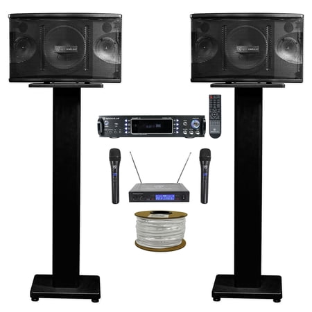 (2) Rockville KPS65 6.5 Karaoke/Pro Speakers+Bluetooth Amp+Stands+Wireless Mics + Rockville R14GSBR100 Red/Blk 14 Gauge 100 Ft. Mini Spool Car Audio Speaker Wire