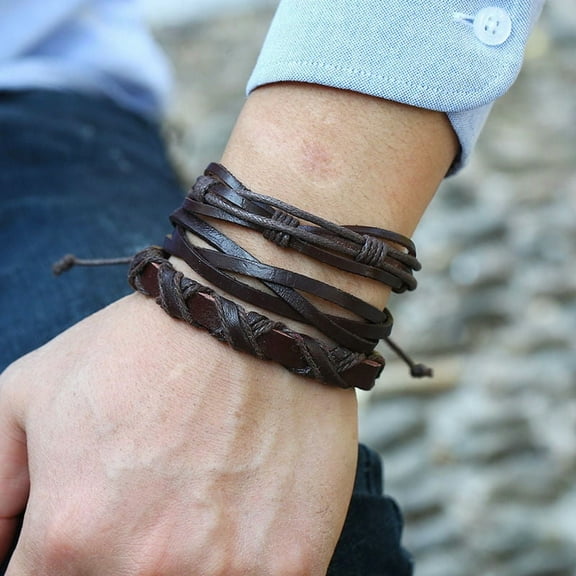 Kingswick Men's Bracelet 6-piece Set Vintage Leather Braided Rope Bracelet, Men's Bracelet Personalized Bracelet Men's Leather Bracelet Multi layer Rope Bracelet Black
