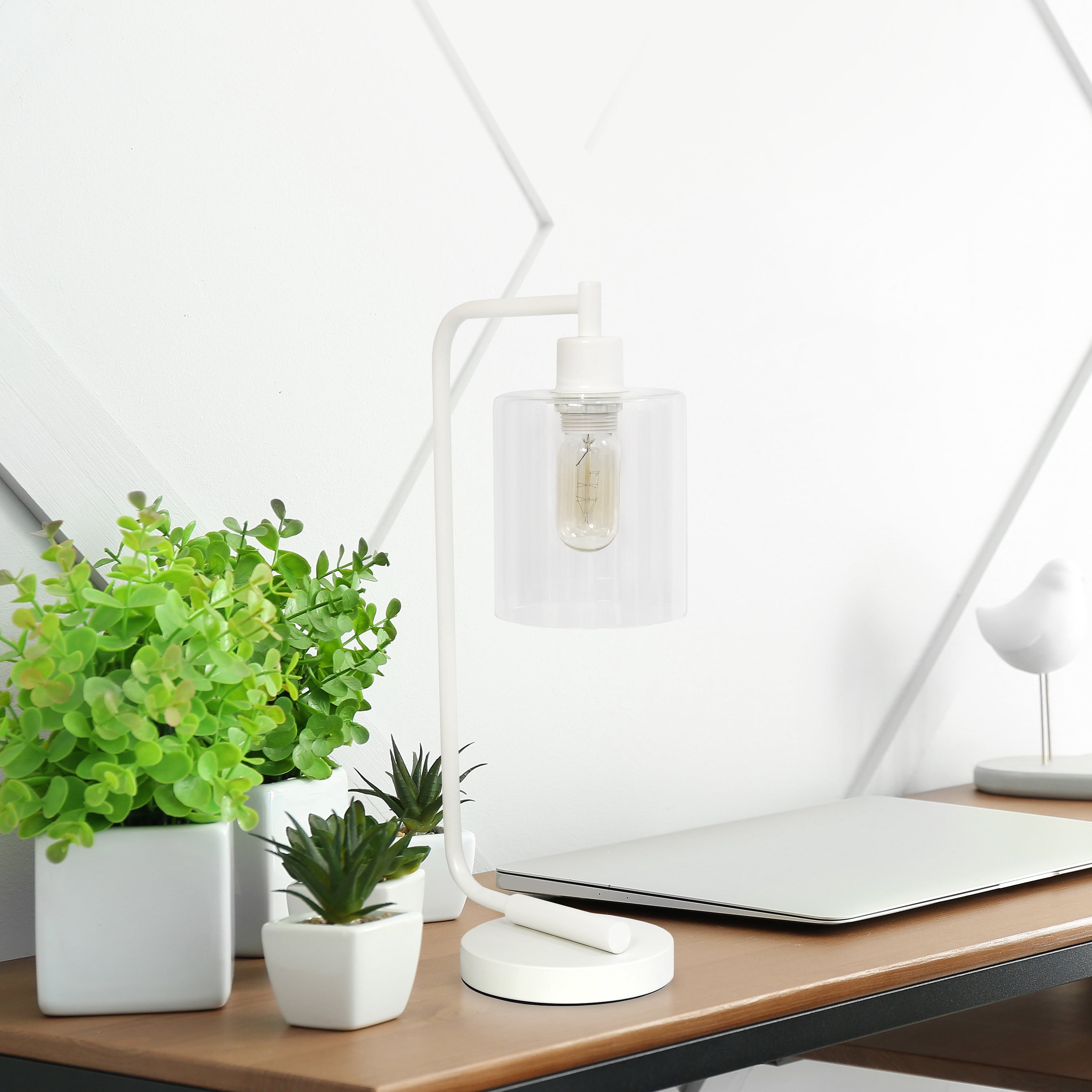 Lalia Home 18.8" Modern Iron Desk Lamp with Glass Shade, with LED Bulb, White
